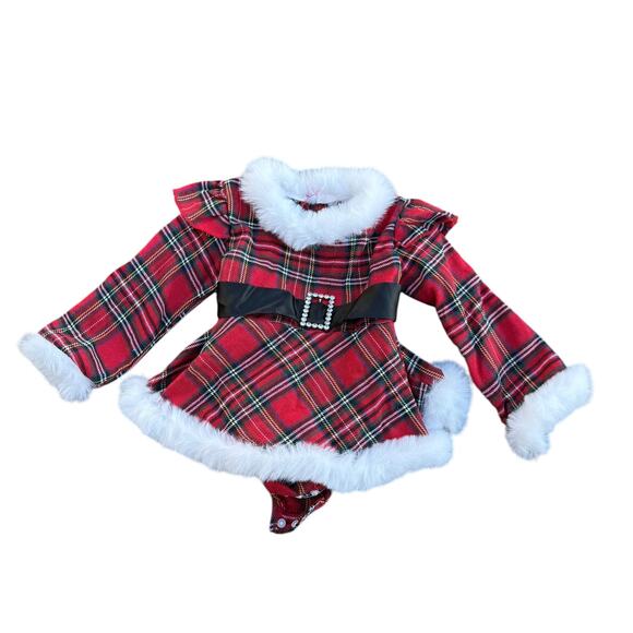 Christmas Baby Girl Romper Dress 6-12M Red Plaid Faux Fur NWOT - Picture 2 of 6